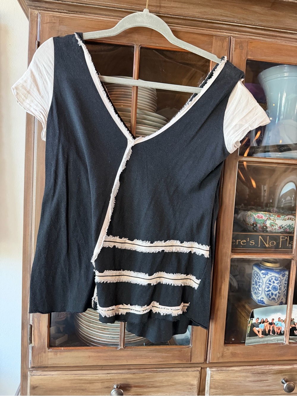 Women’s Black Short-Sleeve V-Neck Layered Contrast Tee by
